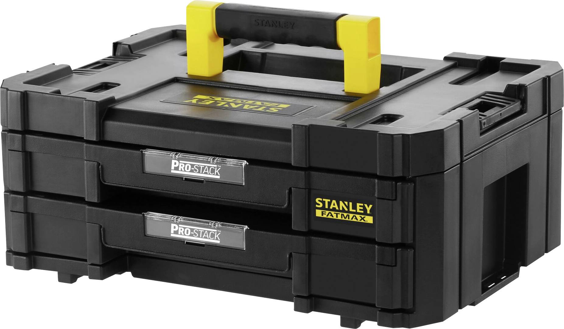 Stanley Fatmax transport case with yellow handle, two drawers, modular design, suitable for tools and accessories.