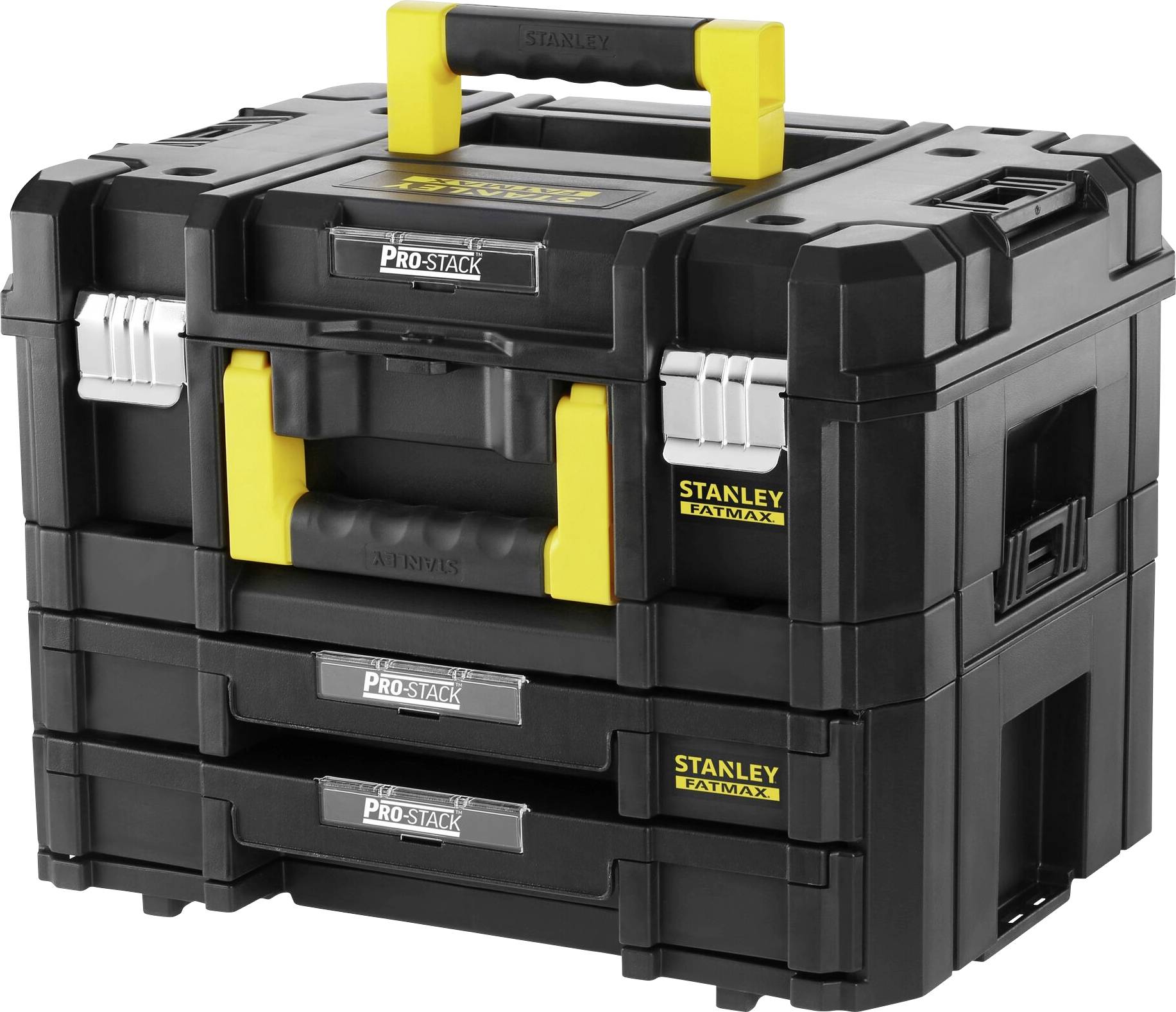 Black toolbox with yellow handle and three drawers, labelled 'Stanley' and 'Pro-Stack', suitable for storing tools.