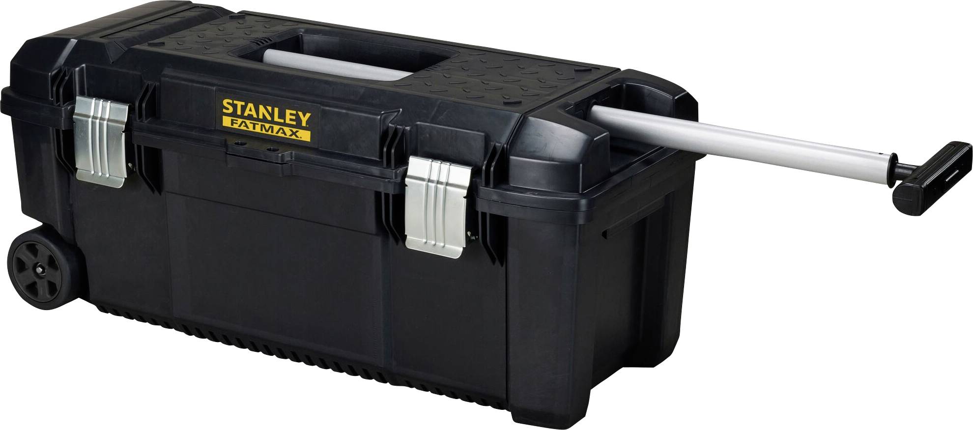 'Black tool chest on wheels with telescopic handle and two metal latches. Labelled with 'Stanley Fatmax'.'