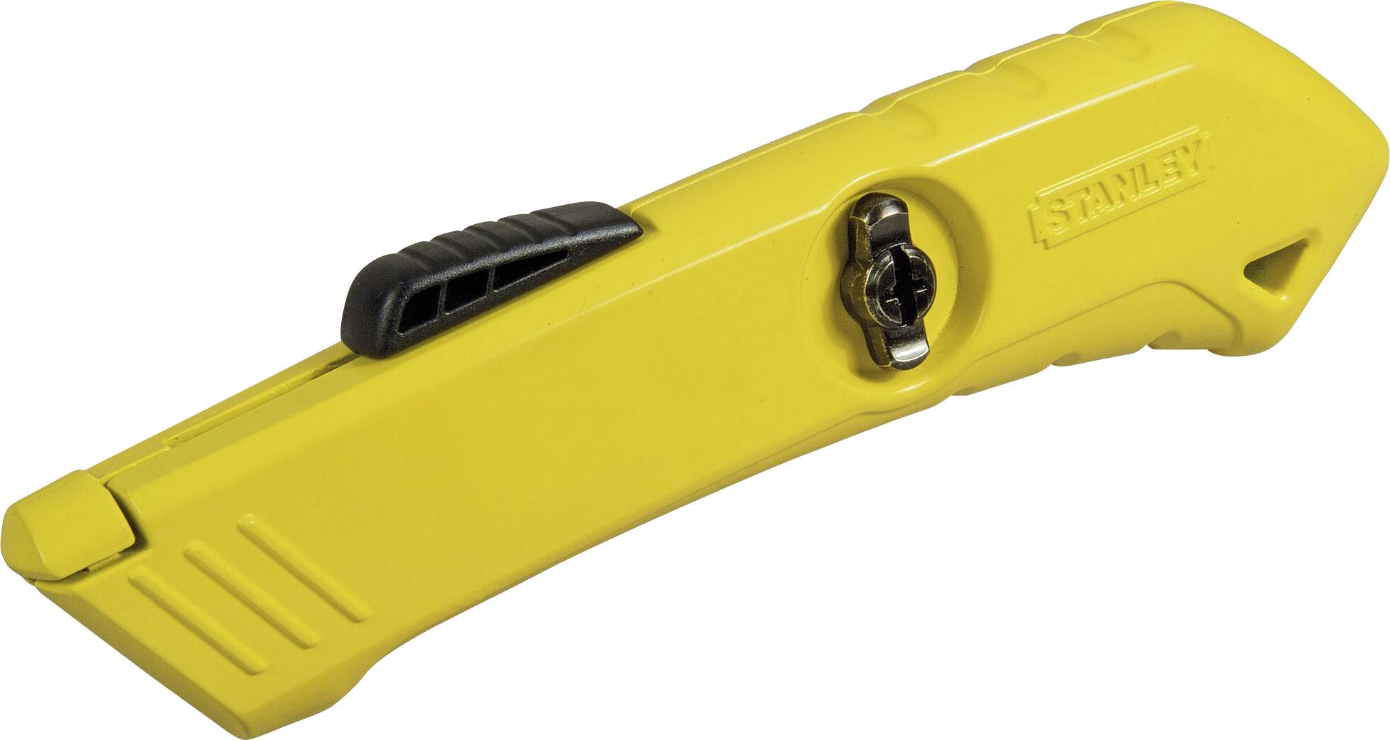 Yellow carpet knife with a black slider on the top surface.