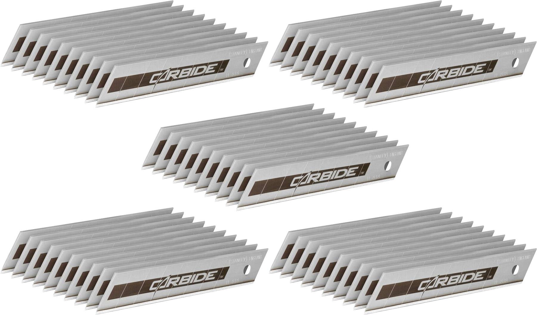 Five stacks of silver replacement blades stamped with 'CARBIDE', used for cutting tools or machines.