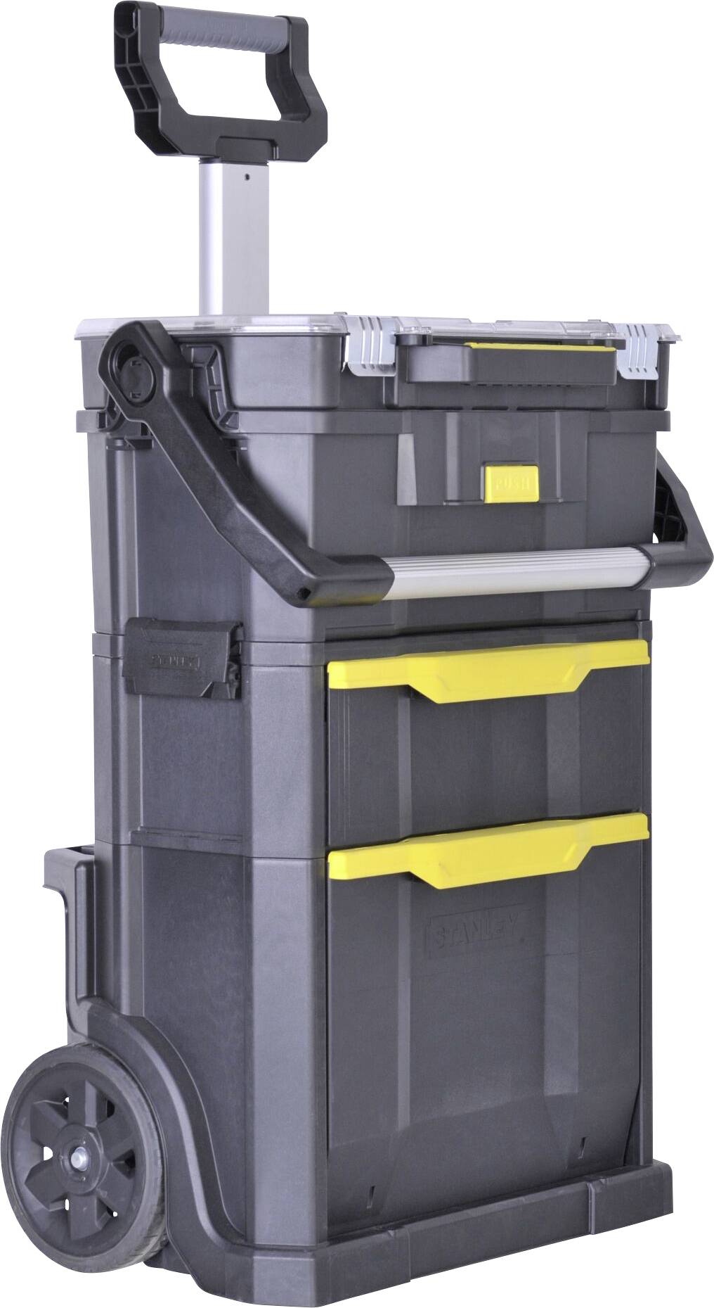 Black, rolling toolbox with yellow handles and a removable compartment on the top. Perfect for transporting tools.