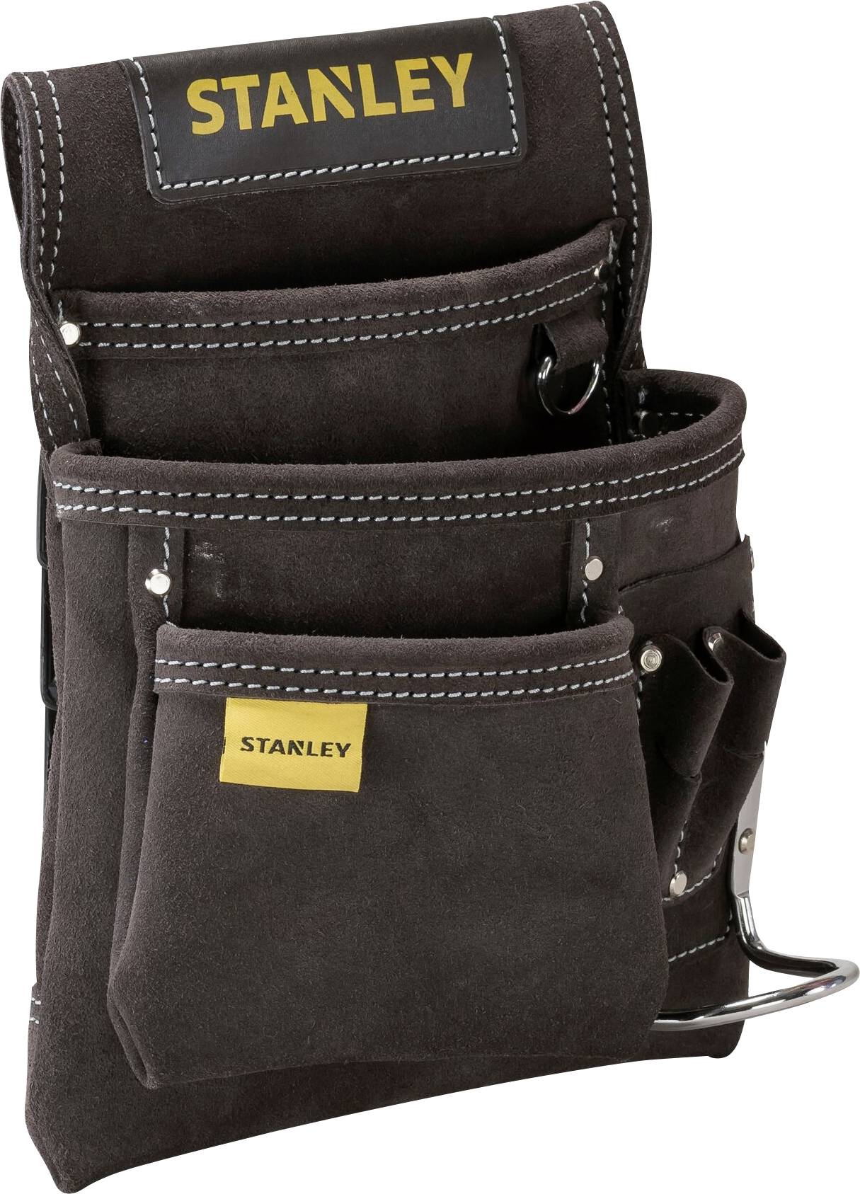 Black Stanley tool belt with multiple compartments, robust design for tools, with yellow Stanley logo at the top.