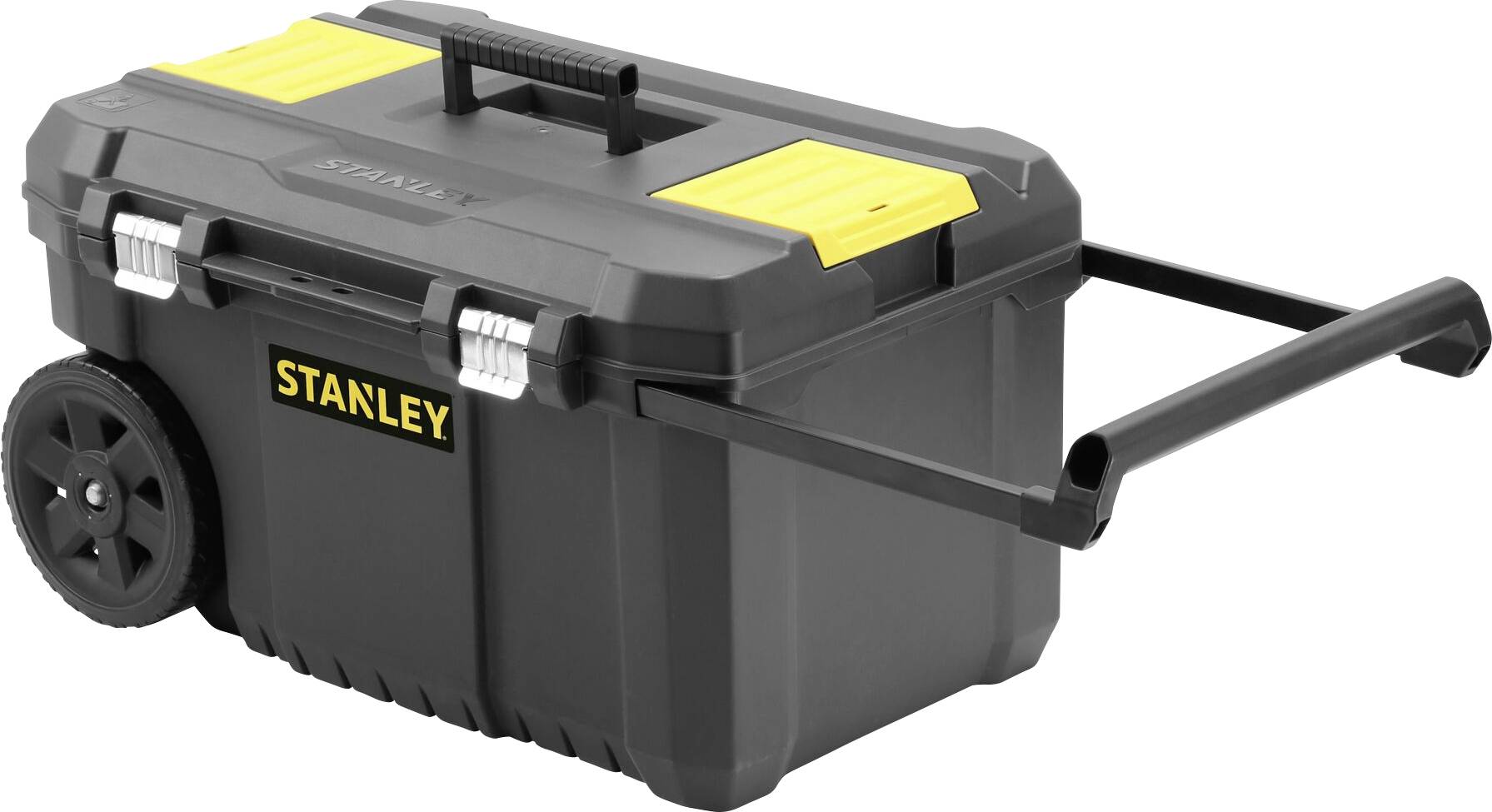 A black toolbox on wheels with yellow accents and a telescopic handle. Marked with the 'STANLEY' logo.