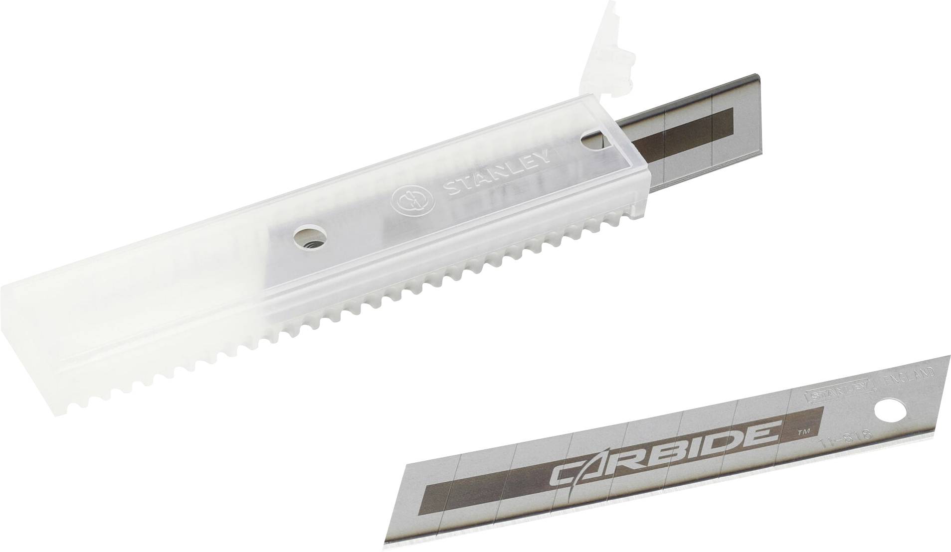 A transparent plastic holder with a removable blade and a separate 'CARBIDE' replacement blade are placed side by side.