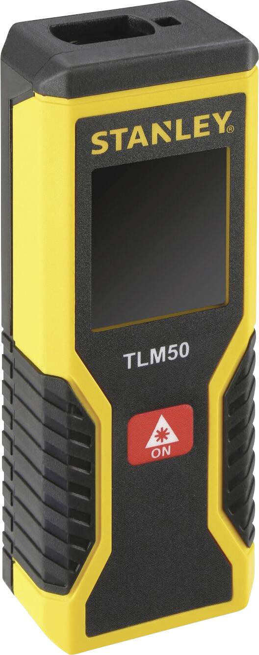 A yellow and black laser measuring device by Stanley, model TLM50, with power button and display.
