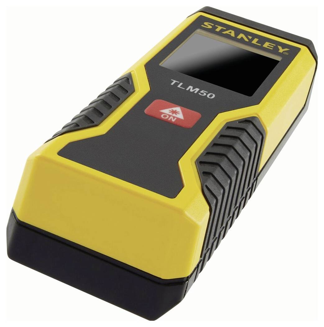 A yellow and black laser distance measuring device with the inscription 'TLM50' and an 'ON' button on the front.