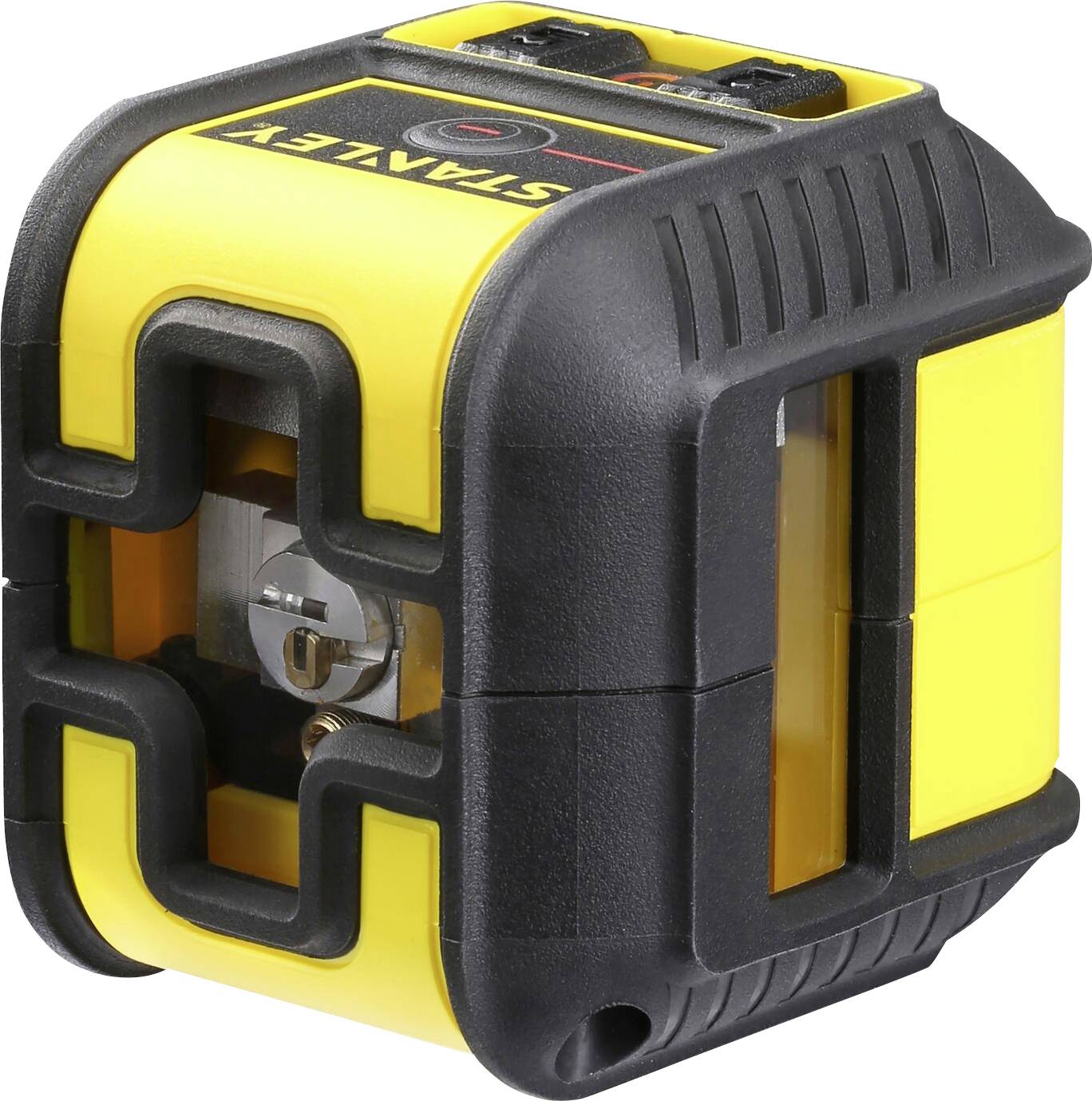 Yellow and black laser level device with visible laser window, suitable for precise alignment and surveying work.