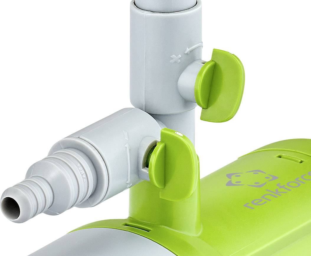 A green technical device with two controls and a hose adapter. Printed with 'renkforce'. Used for water flow regulation.