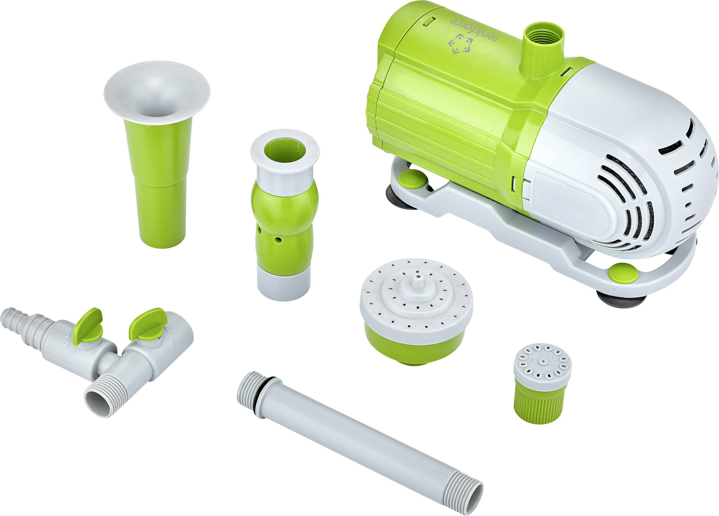 Pond filter system with pump, hoses, connections and nozzles. Main device is green and white, accessories are grey-green. Ideal for water purification.