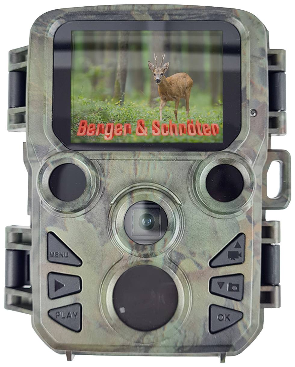 Hunting Camera with Display Shows a Deer in the Forest and the Text 'Berger & Schnöter'. Ideal for Wildlife Observation. Camouflage Design.