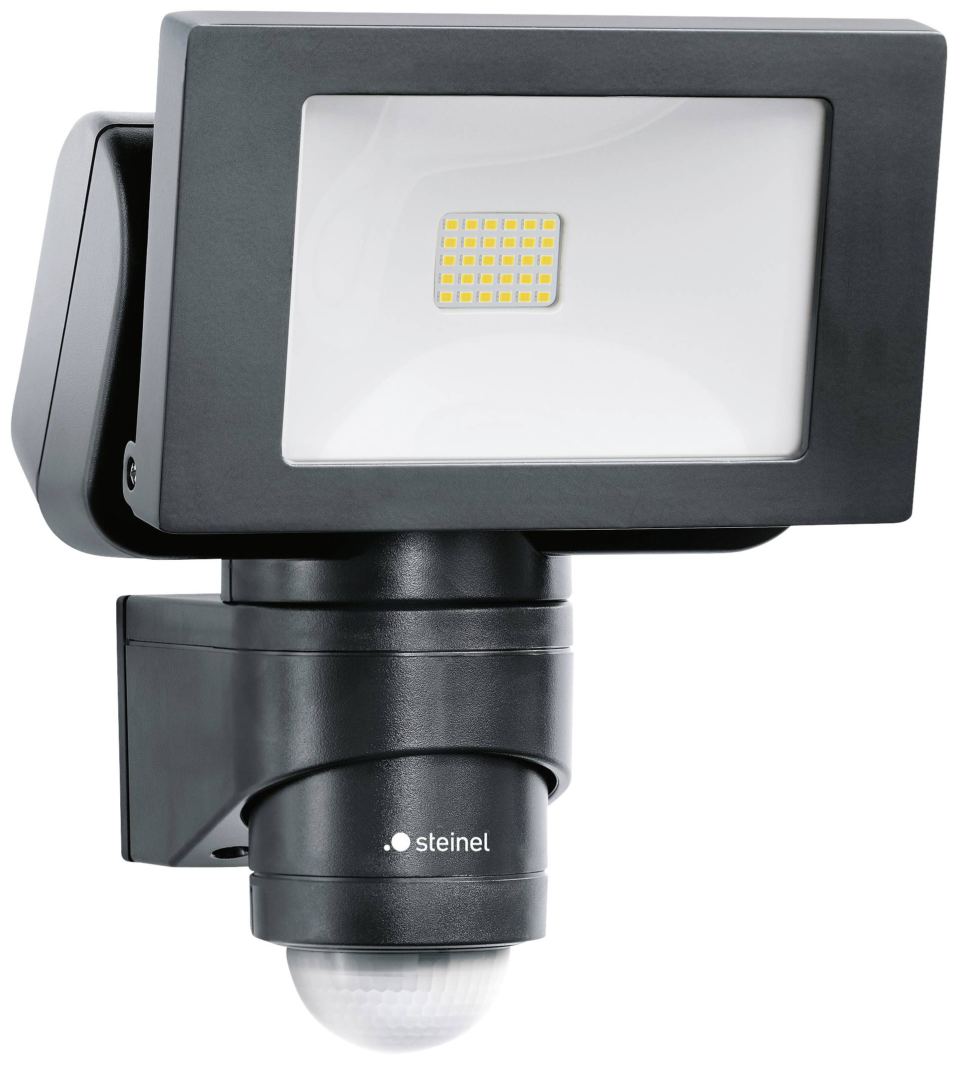 A black LED floodlight with integrated motion sensor, mounted on a wall bracket, marked with 'steinel'.