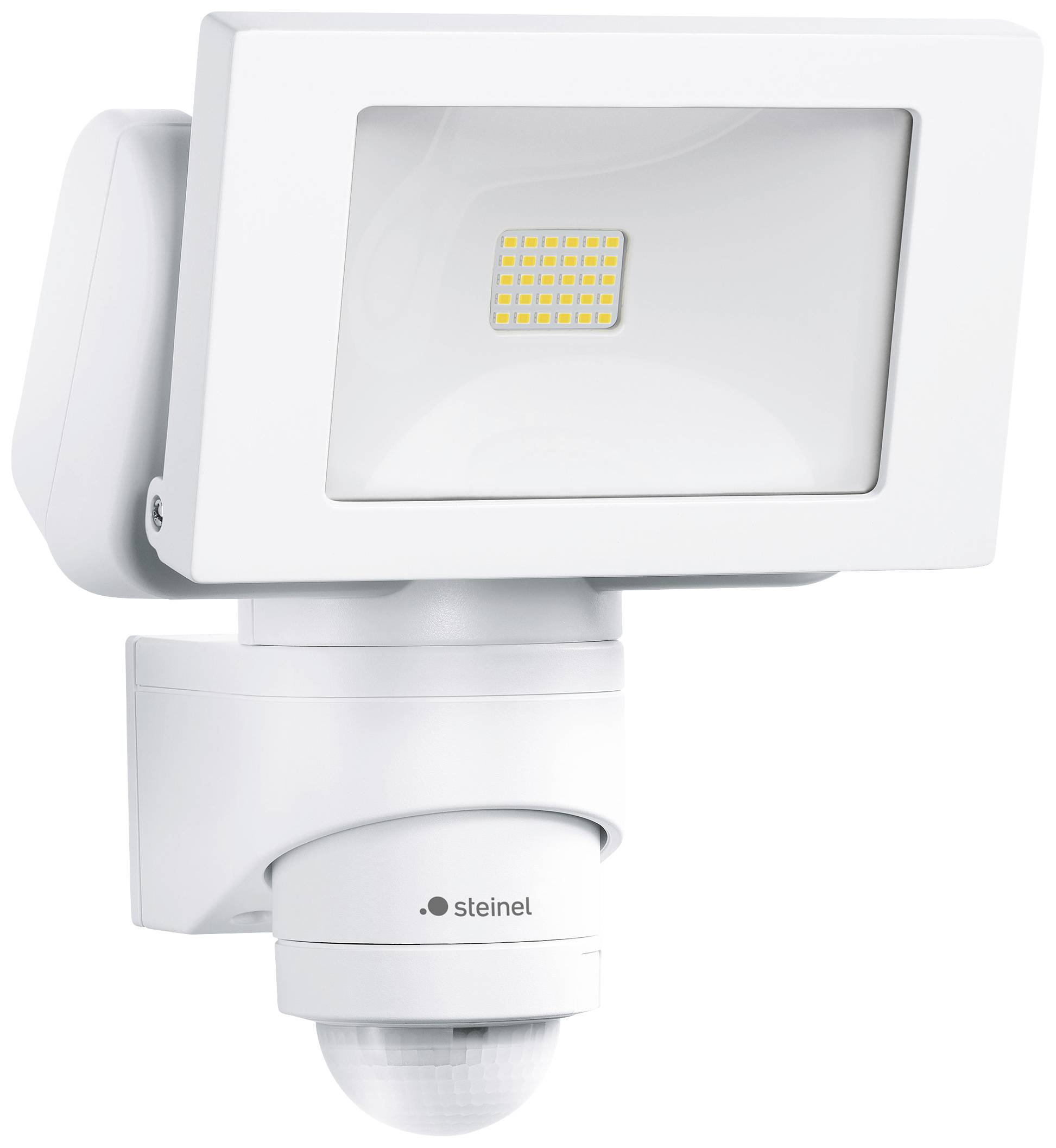 A white outdoor light with a motion sensor, rectangular LED surface on top, circular sensor at the bottom, brand name 'Steinel'.
