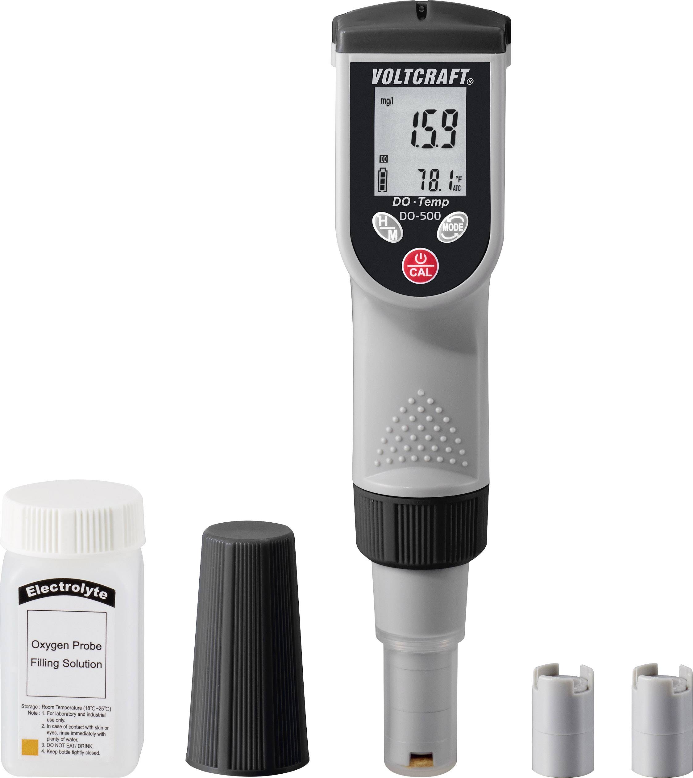 Portable Oxygen Meter 'Voltcraft DO-500' with Display Reading of 15.9 mg/l. Includes: Electrolyte Solution, Cover, Two Probe Attachments.