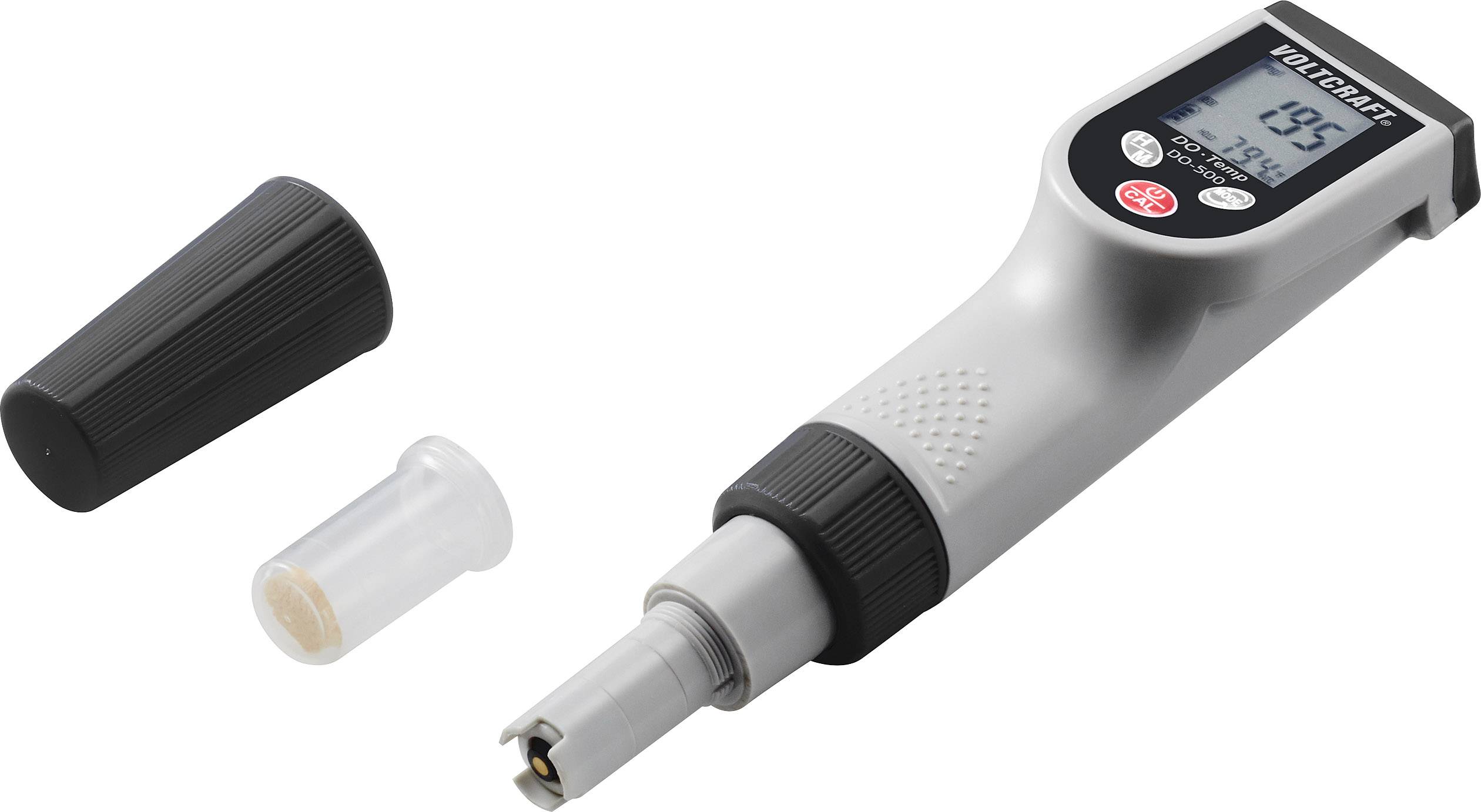 A digital refractometer with a removable cover is lying on a white background. The display shows a measurement reading.