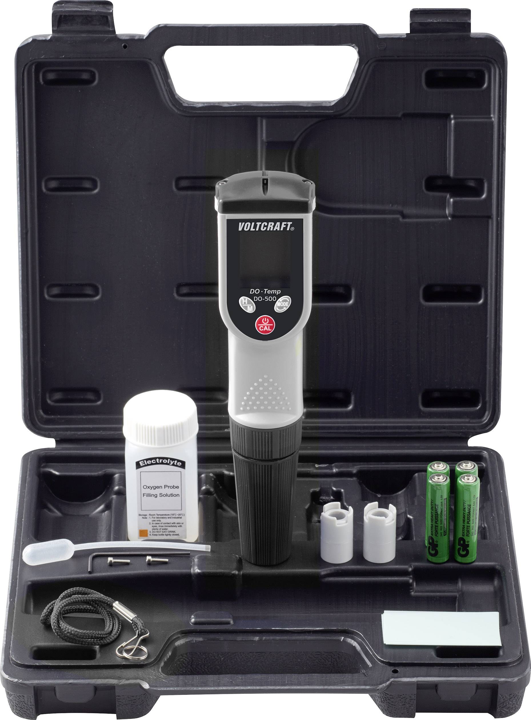Portable water quality testing device set with digital meter, reagents, spanner, and batteries in a black carry case.