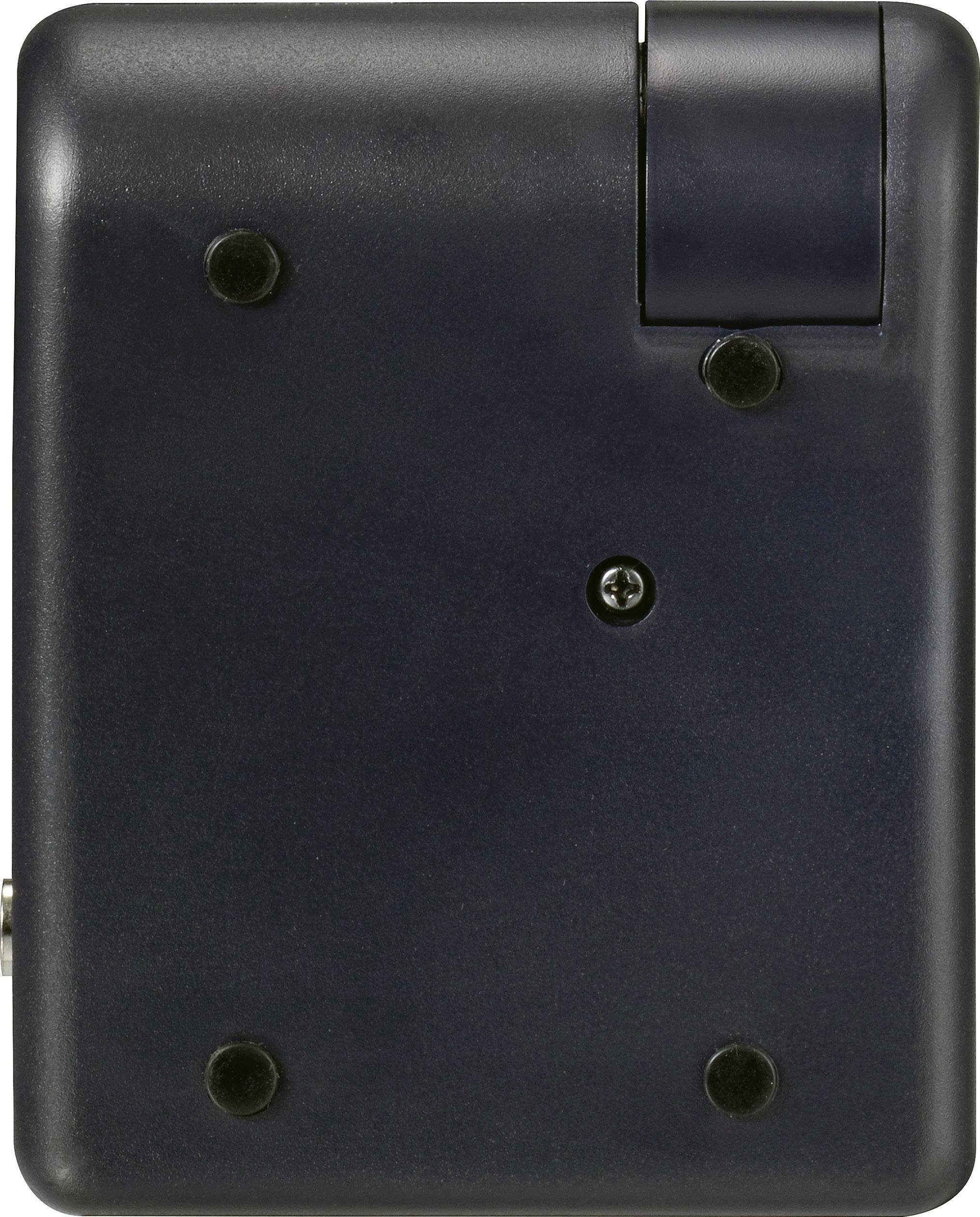 A black electronic device with a screw in the middle and a small lever on the top right.