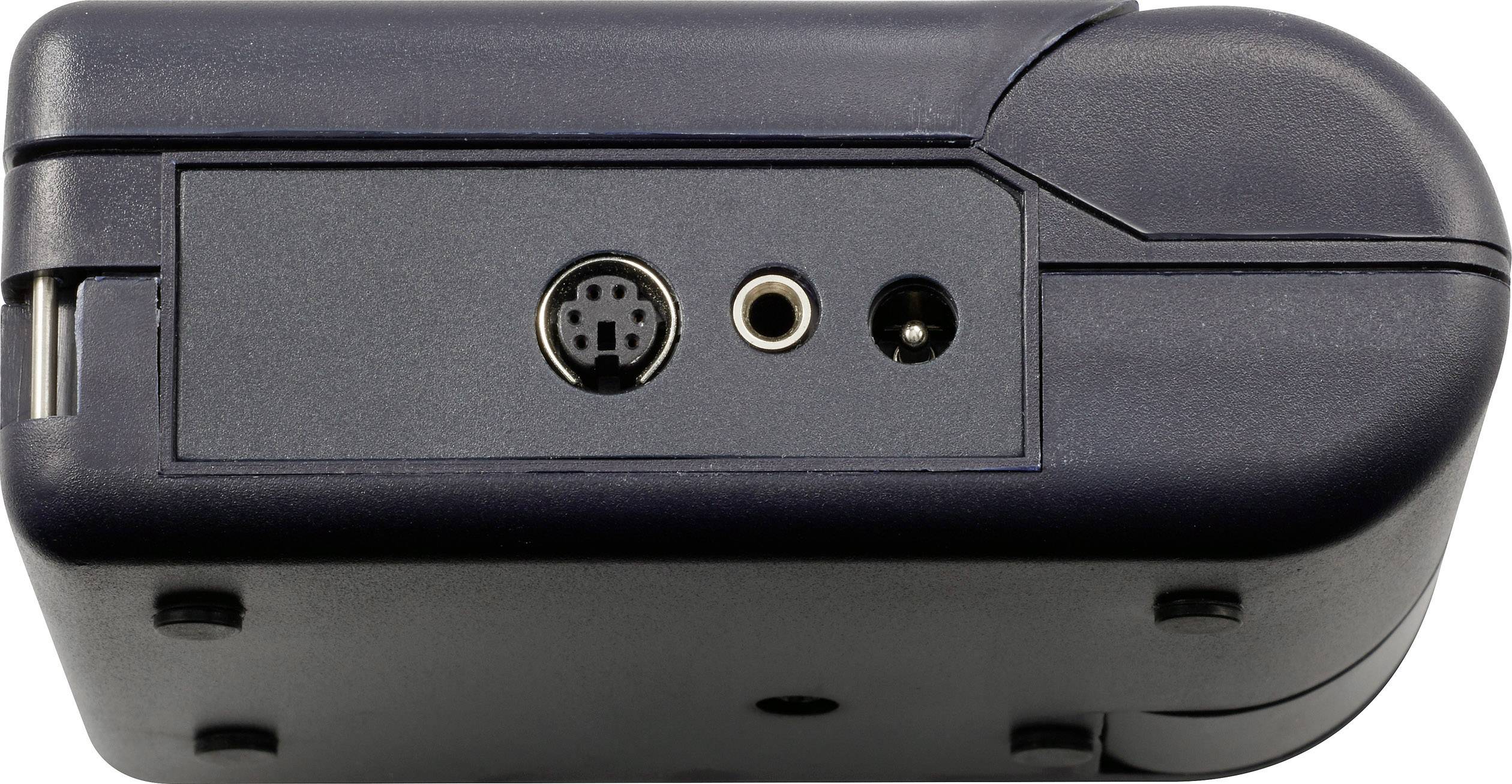 A black electronic device with multiple connection ports, including a round socket connector and a smaller audio jack.