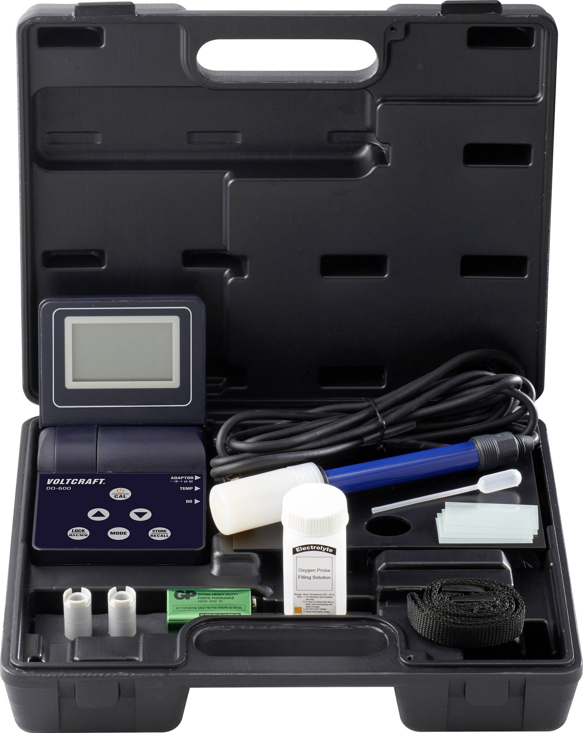An open black suitcase containing a digital tester, cables, electrodes, and accessories for water analysis.