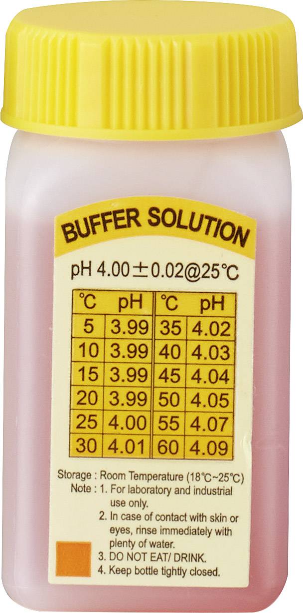 Red buffer solution for calibration with pH value 4.00±0.02 at 25°C. Label shows pH value at different temperatures.