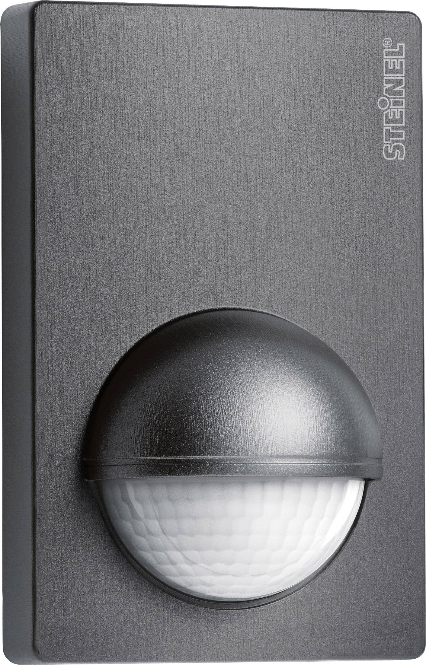 A rectangular motion sensor in grey colour with a semi-circular sensor lens at the bottom, by the brand Steinel.