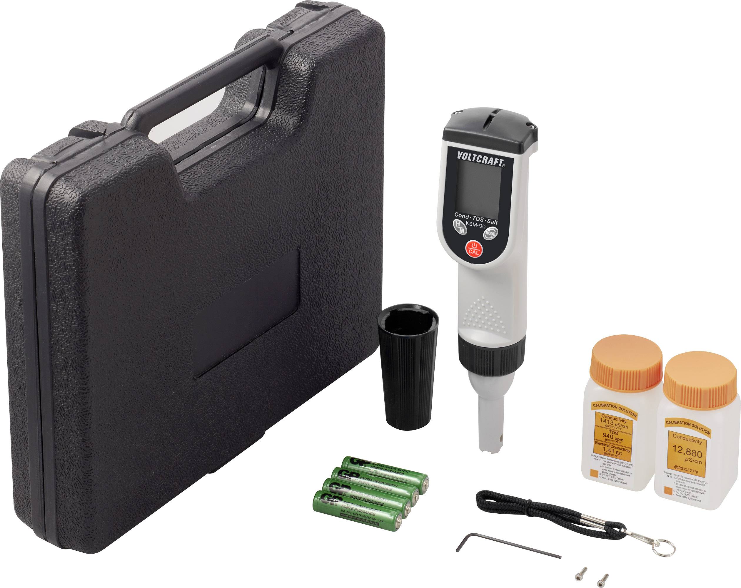 A conductivity metre set consisting of a digital metre, two calibration solutions, four batteries, a black cup, and a black case.