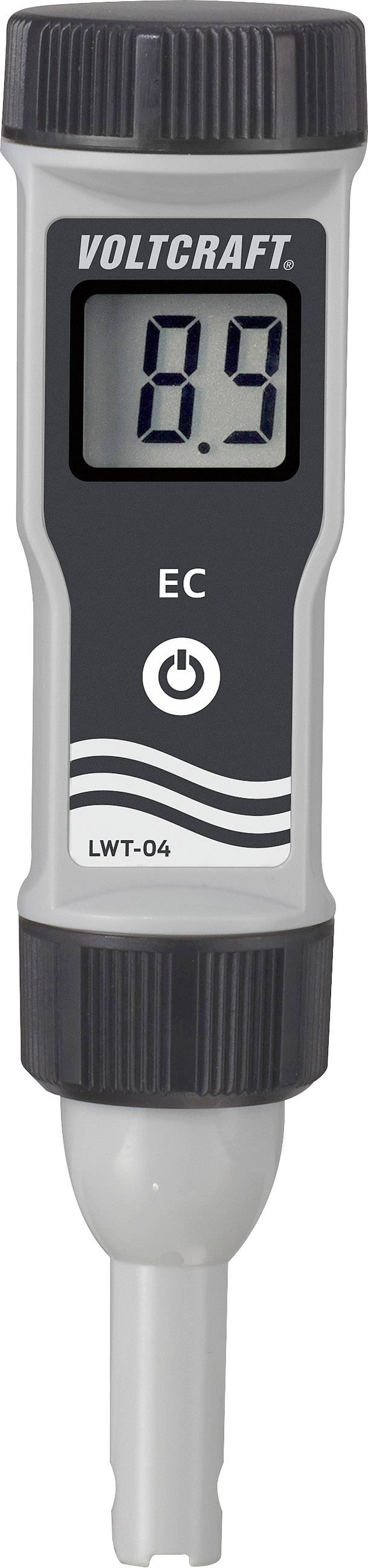 Digital control value measuring device with display, showing '0.9'. Marked with 'Voltcraft' and 'EC'. Model 'LWT-04'. Instrument for water analysis.