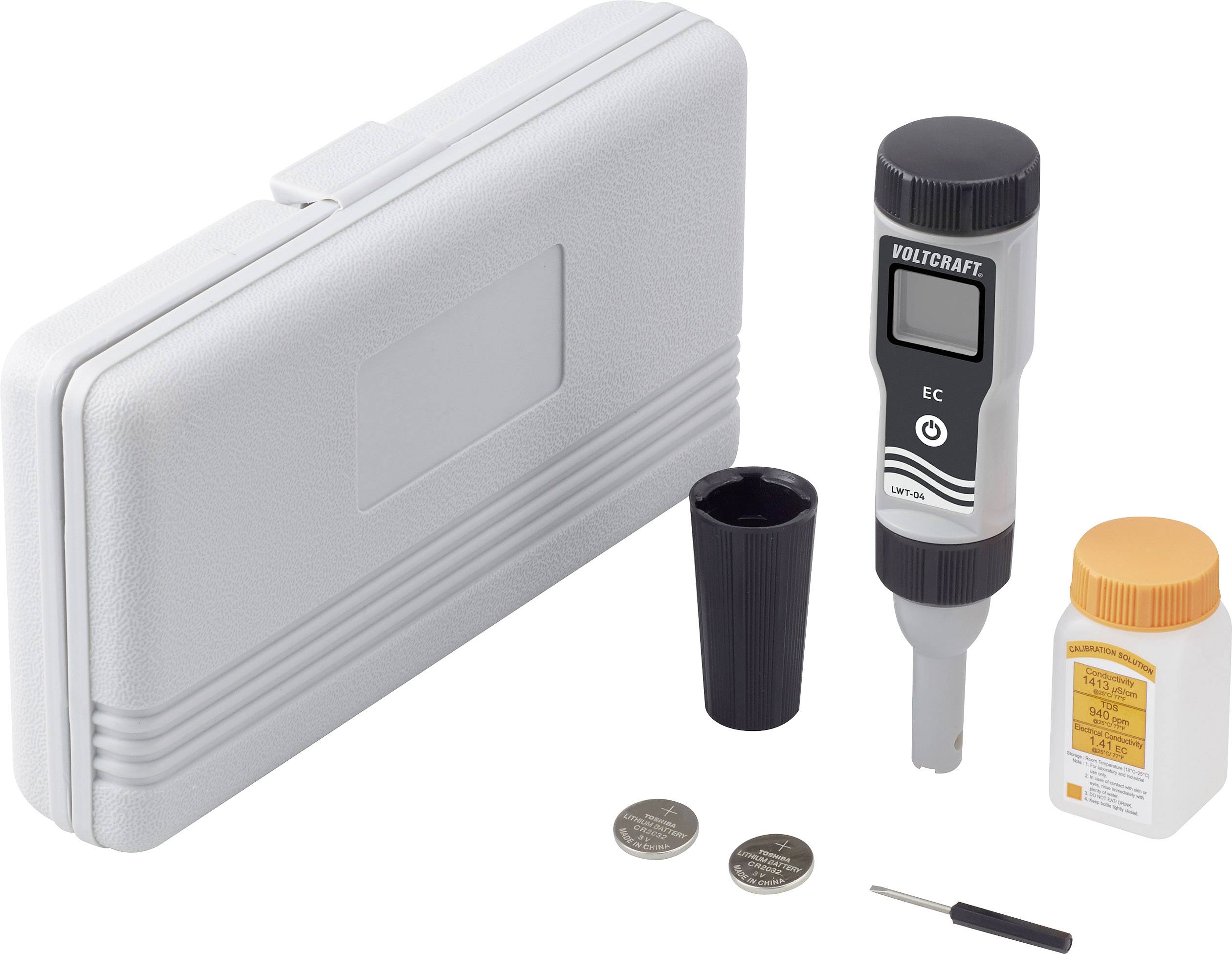 Small portable conductivity tester with accessories including batteries, instruction manual, and reference liquid in a continuous white case.