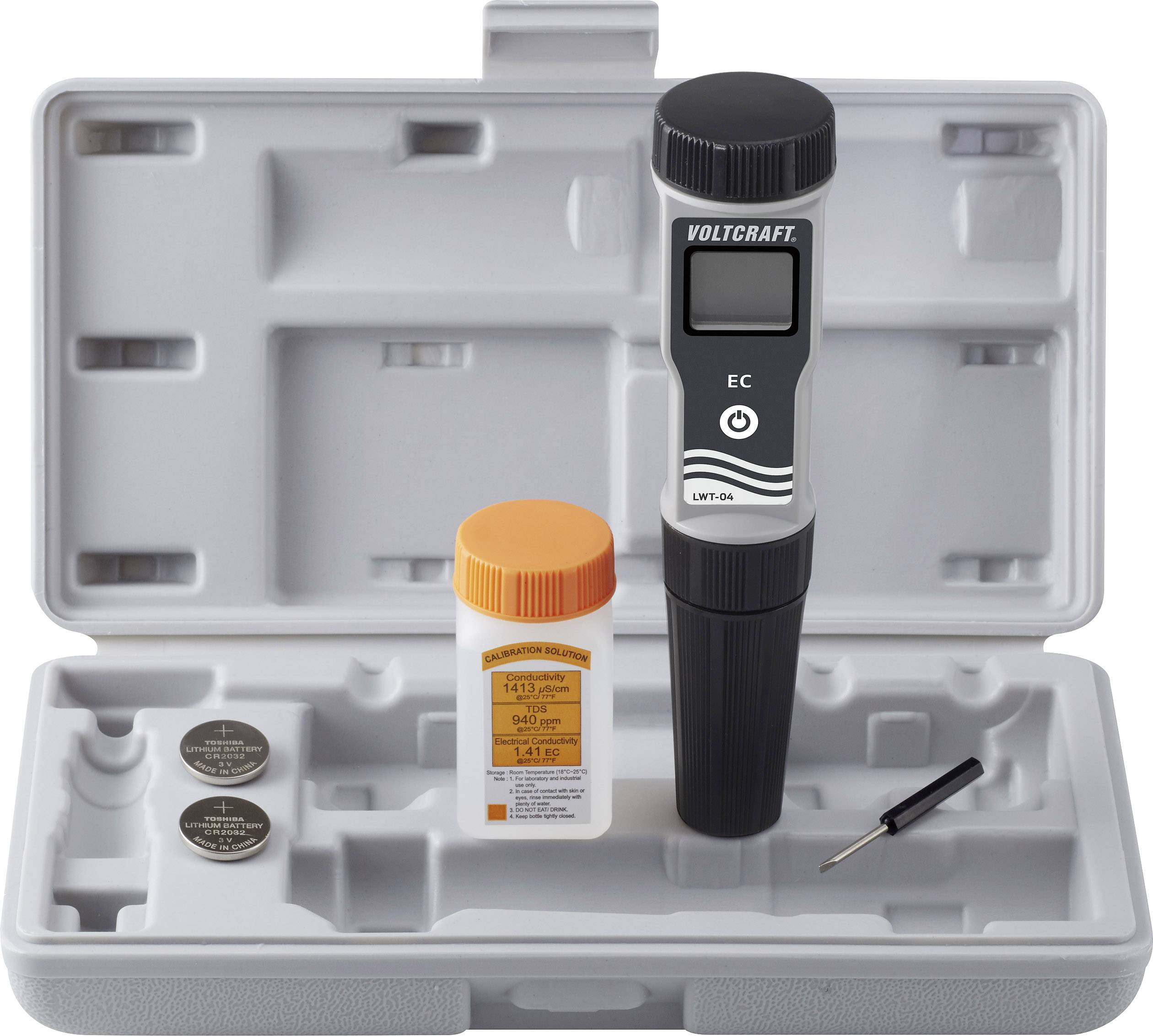 Hard-shell case with water quality measuring device, batteries, screwdriver and reagent bottle. Device measures electrical conductivity.