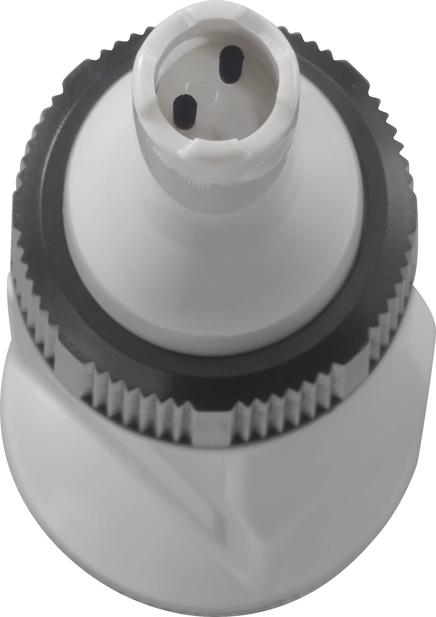 A white, cylindrical plastic cap with a black rim and an oval, two-holed connection on the top surface.