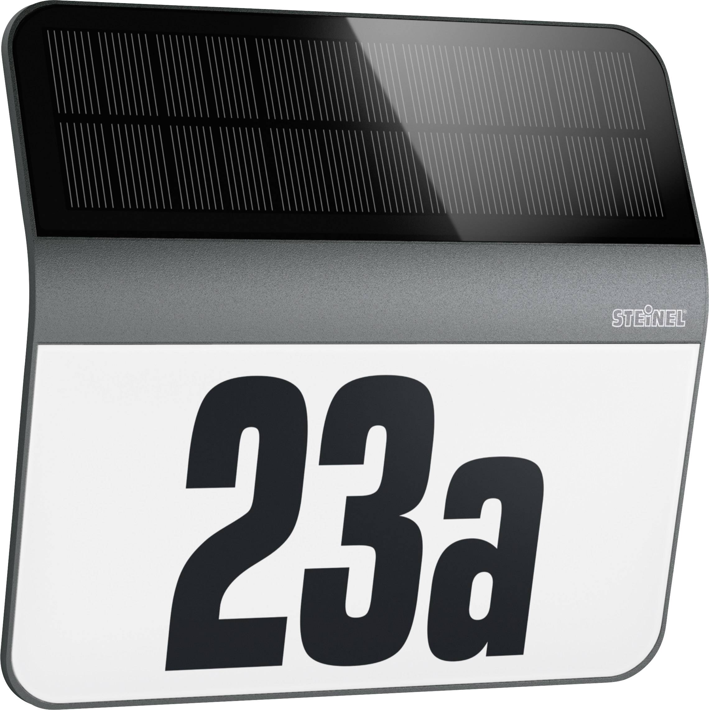 Solar lamp with house number '23a', modern design, grey frame and black solar panel on top, against a white background.