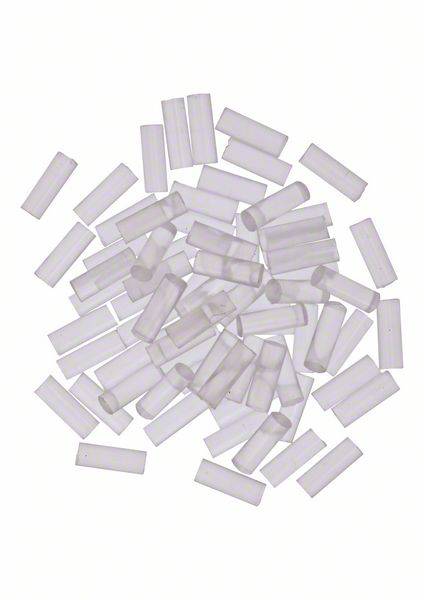 Transparent plastic test tubes arranged in various orientations on a white background.