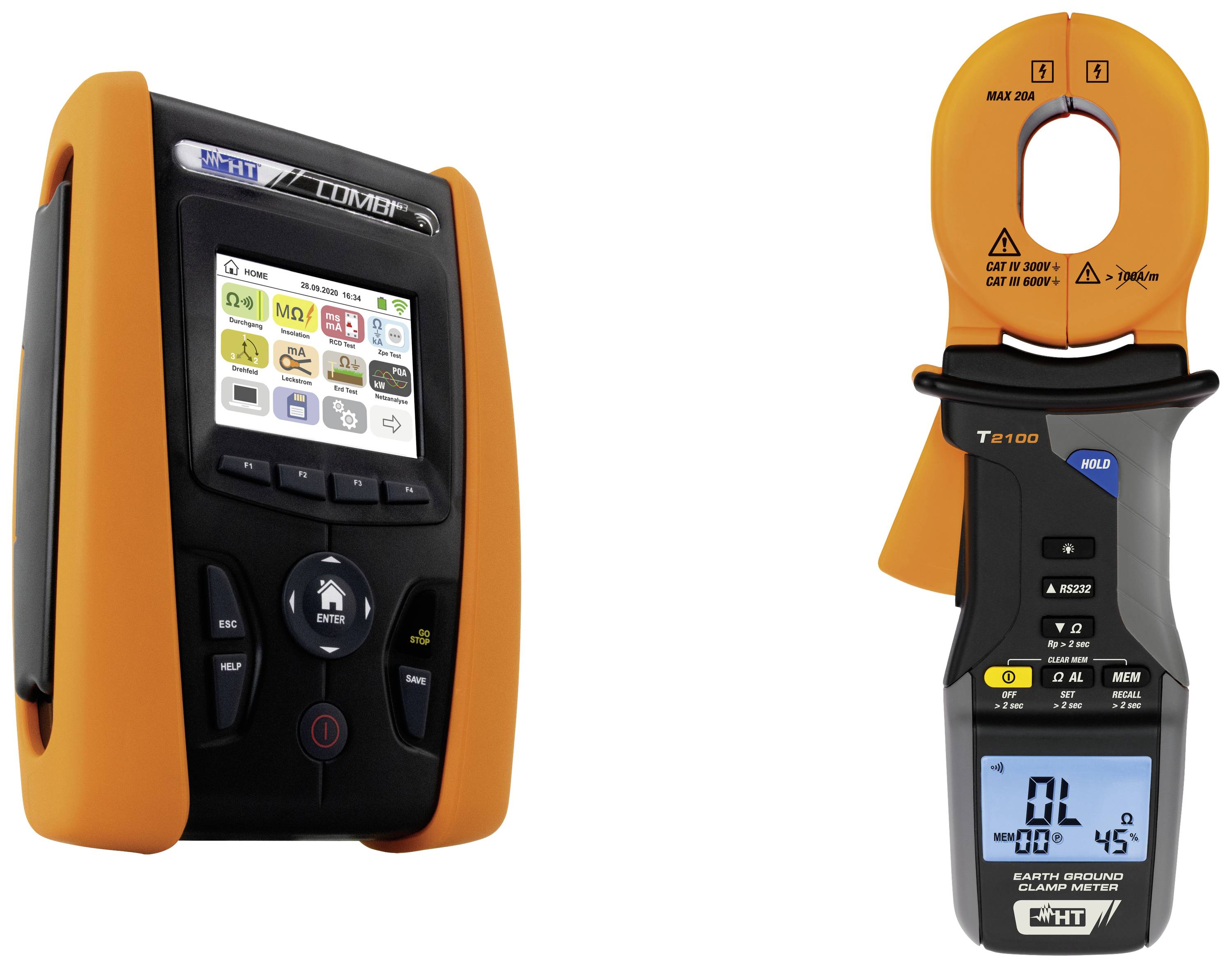 An orange multimeter and an earth clamp measuring device. Both devices are designed for electrical measurement and display values on digital screens.