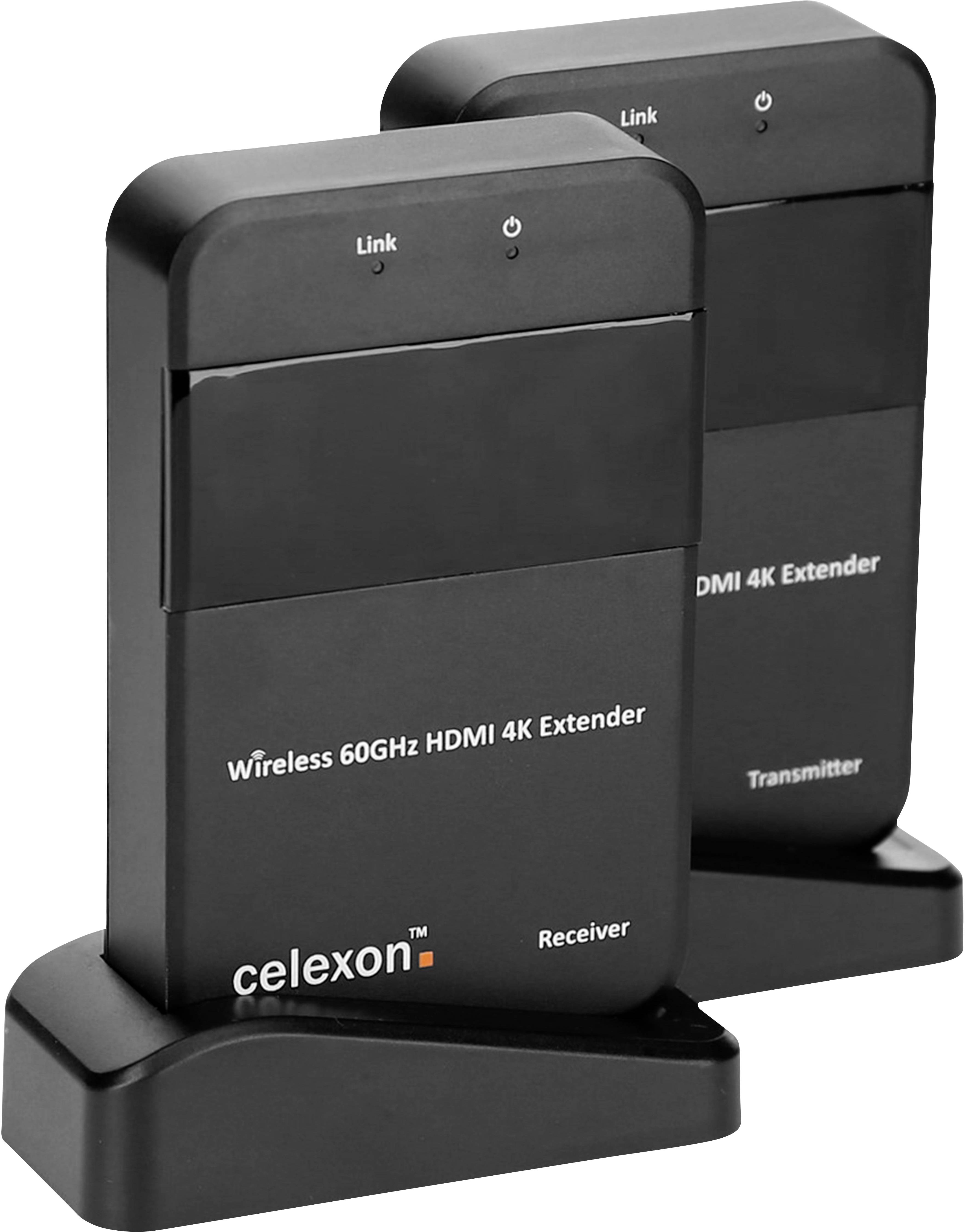 Two black devices with the inscription 'Wireless 60GHz HDMI 4K Extender'. One is marked as 'Receiver', the other as 'Transmitter'.