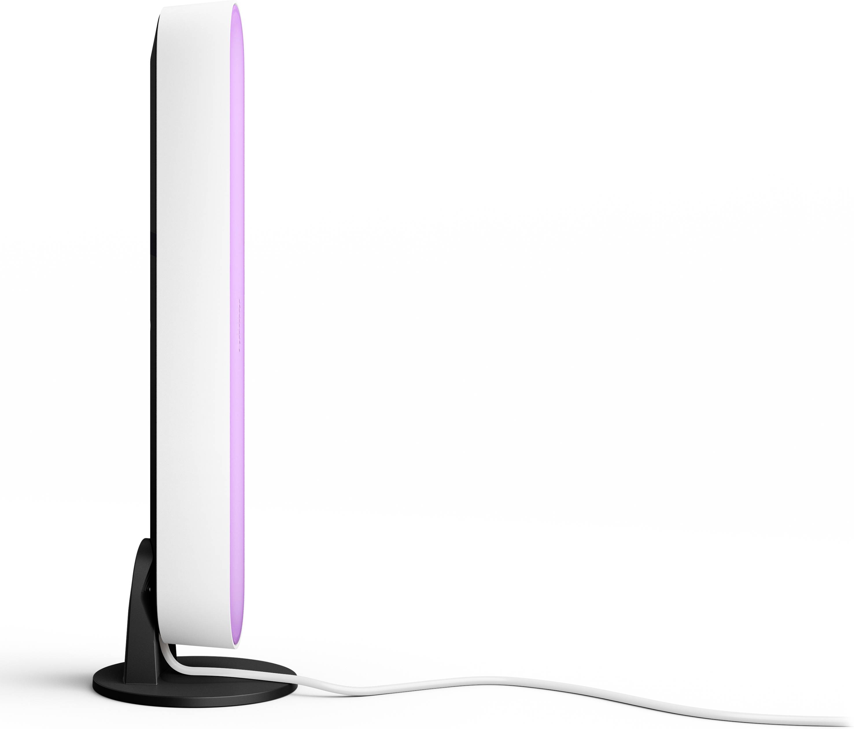 A slender, vertical LED lamp on a black stand, with a glowing pink light strip along the side and a white cable.