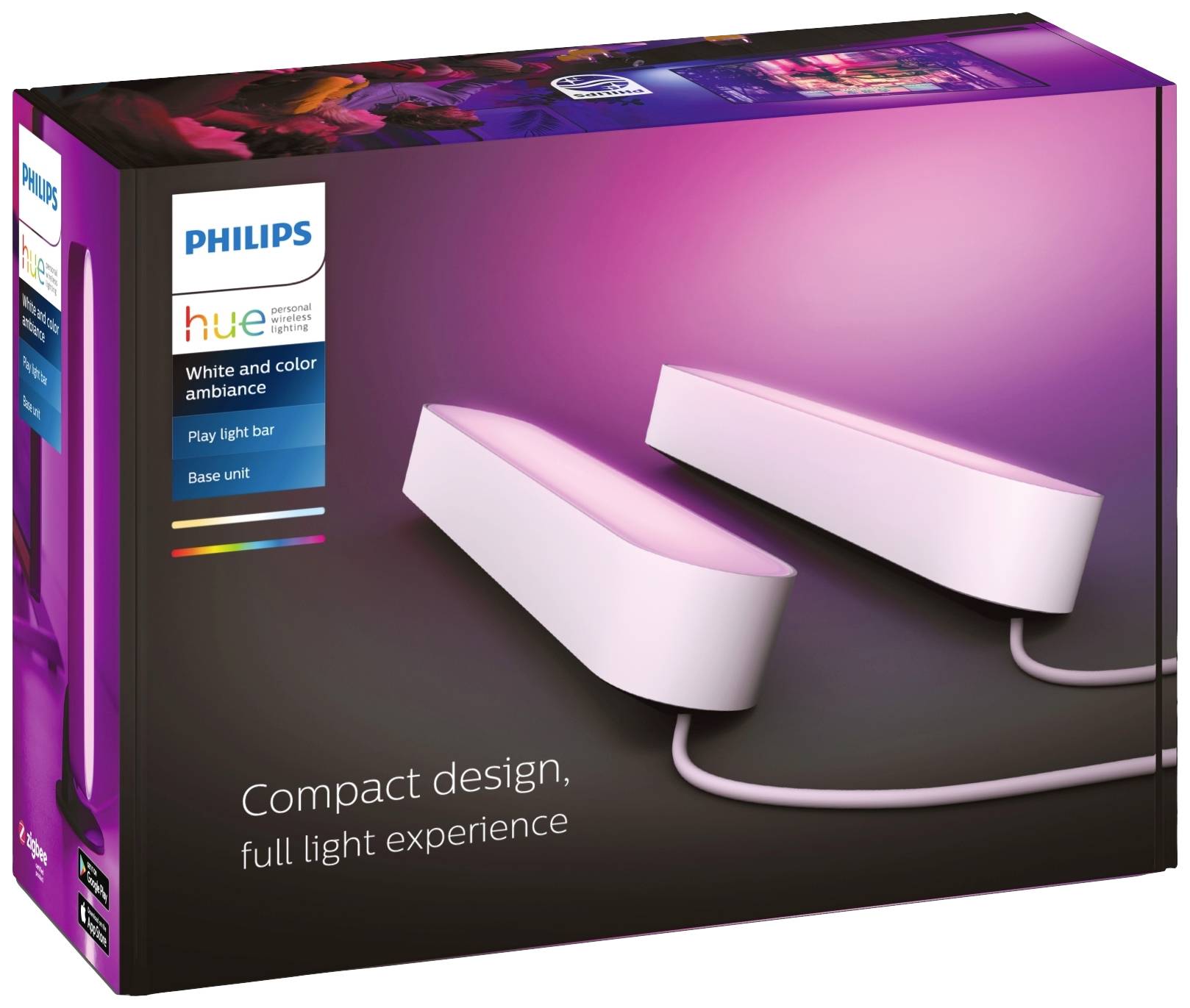 'Philips Hue' Play Light Bar packaging with an image of two pink glowing light bars and text 'Compact design, full light experience'.