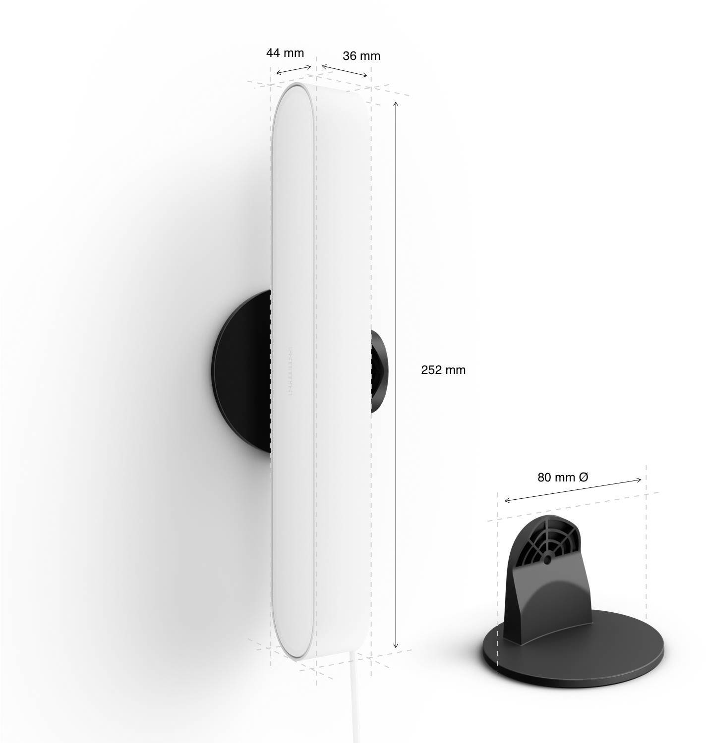 Air purifier in side view: Height 252 mm, Width 44 mm, Depth 36 mm; Base diameter 80 mm. Sleek, modern design.