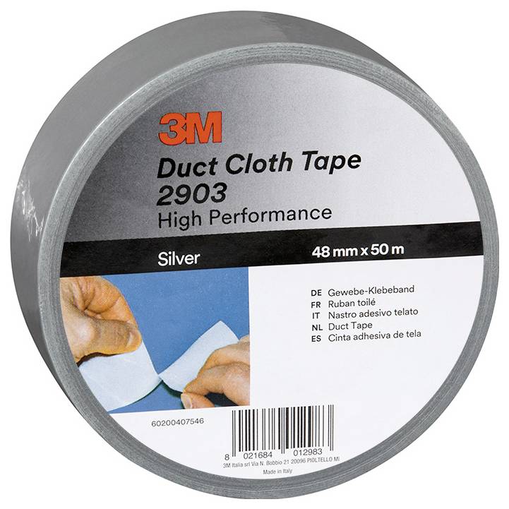 3M Duct Cloth Tape 2903, silber, 48 mm x 50 m Rollenpackung mit Produktetikett und Barcode.