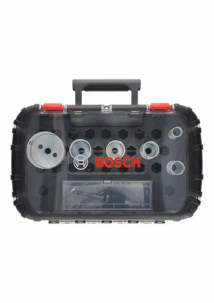 Transparent tool box with black edges, a red 'Bosch' logo in the centre, with various drill heads visible inside.
