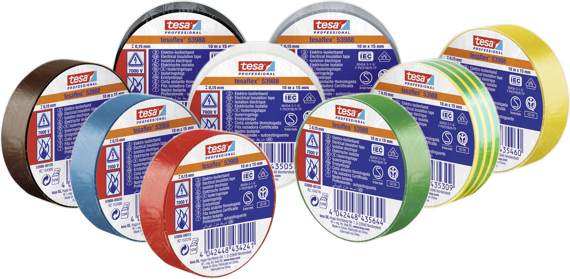 Ten rolls of insulating tape in various colours (brown, black, blue, red, grey, yellow, green), marked as 'tesa professional', suitable for insulating and marking.