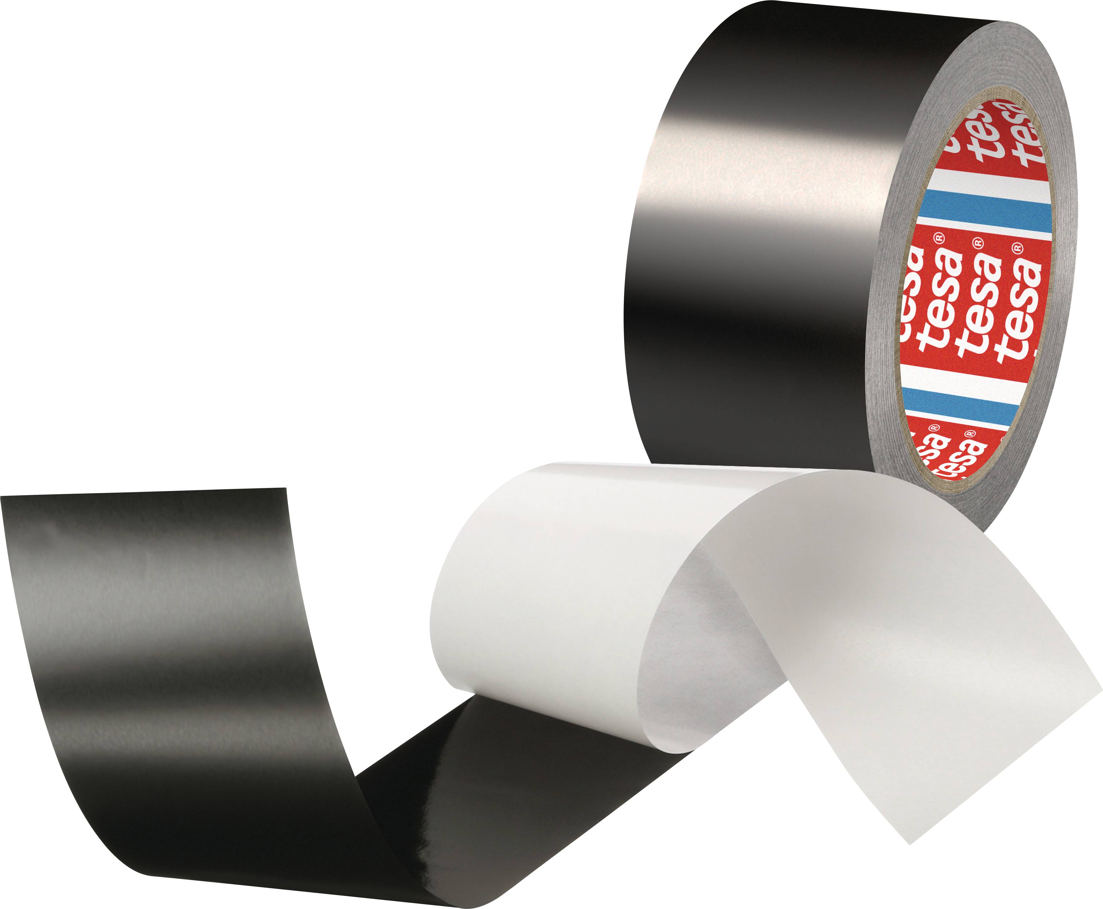 A roll of black adhesive tape is shown partially unrolled. The tape roll has a blue-red-white inner label.
