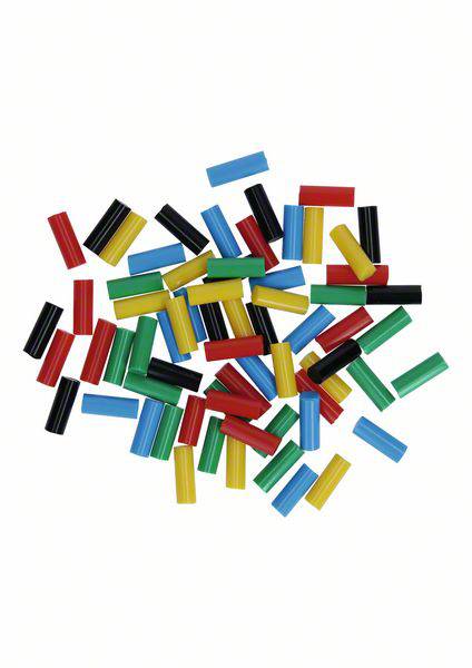 Various colourful cylinders in red, yellow, blue, green and black are scattered across a white surface.