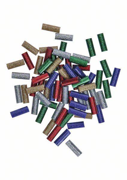 Colourful metallic tubes in gold, green, red and silver with glitter. They are scattered on a white background.