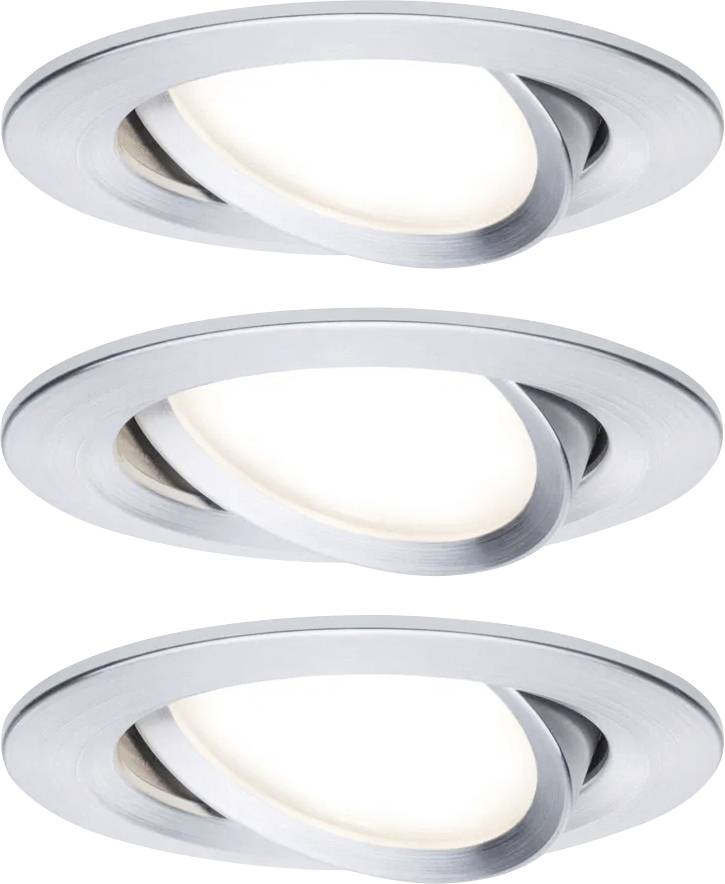 Three round, silver ceiling spotlights arranged in a vertical line, emitting a uniform, warm glow.