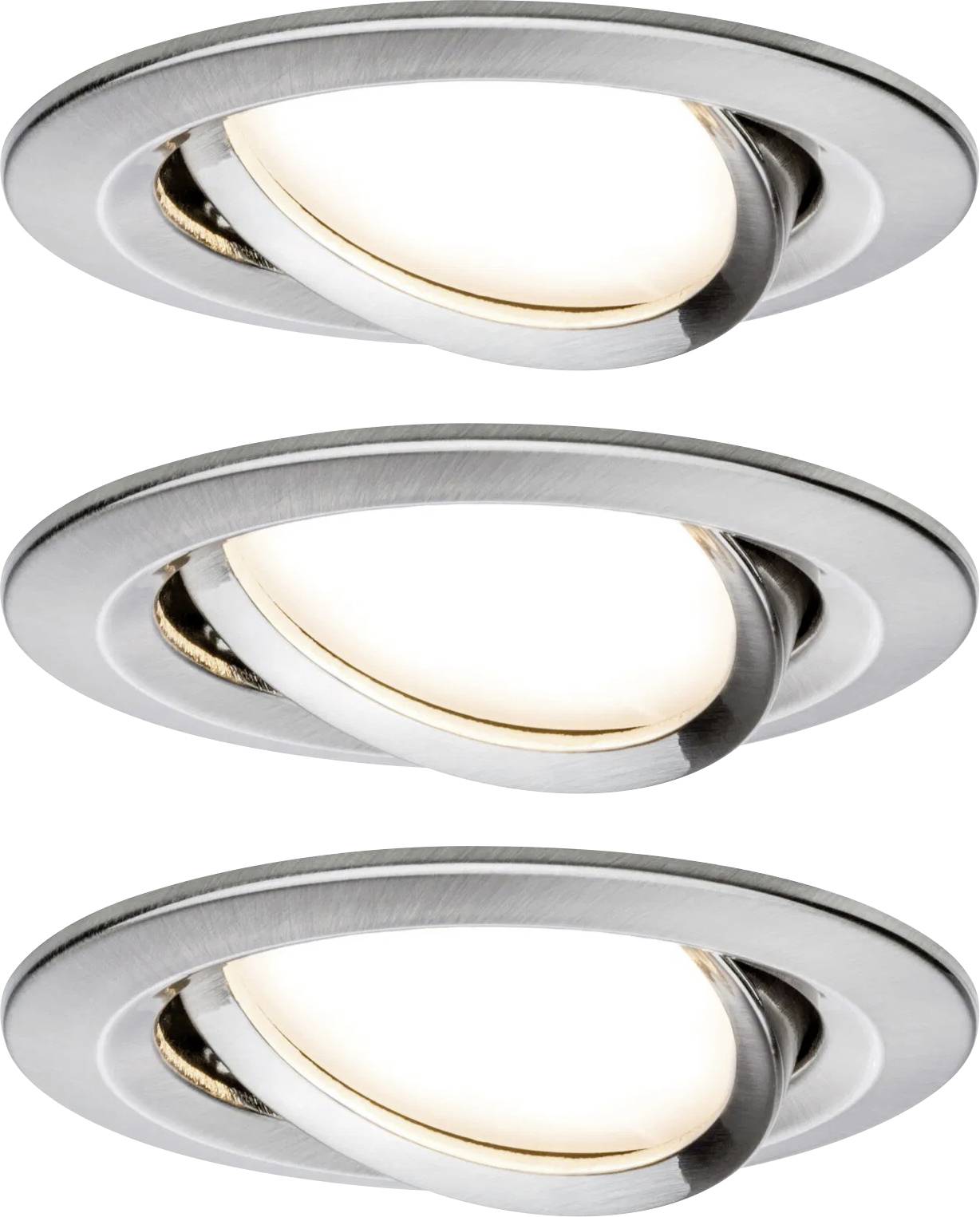 Three round, silver LED ceiling spots with adjustable tilt, gently illuminating. Ideal for flexible lighting in modern spaces.