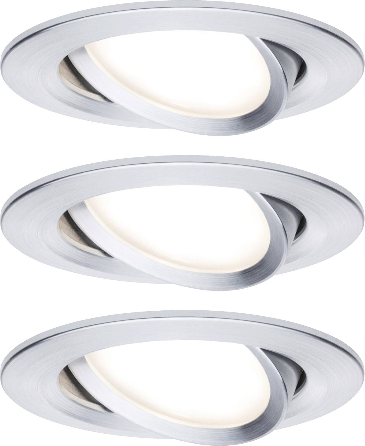 Three adjustable, silver LED recessed spotlights on the ceiling, each with a round frame and warm white light.
