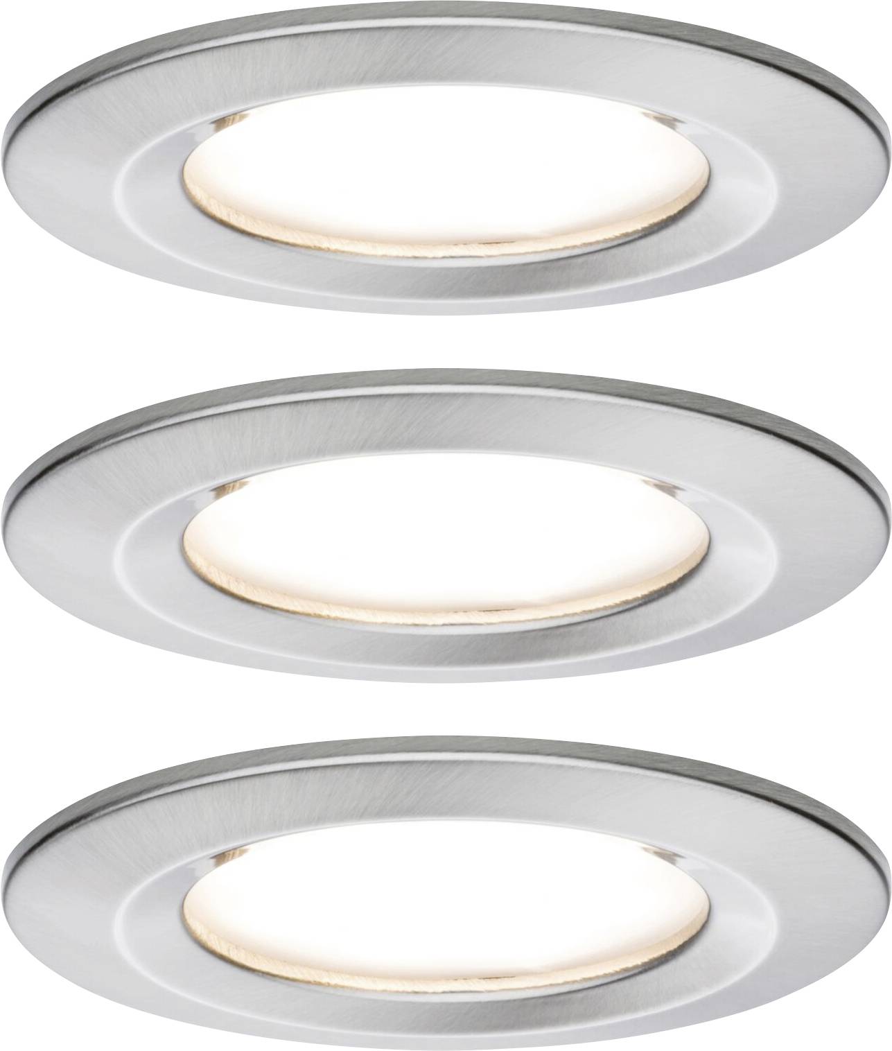 Three round, silver recessed spotlights with warm white lighting, arranged side by side. They provide an even light distribution.