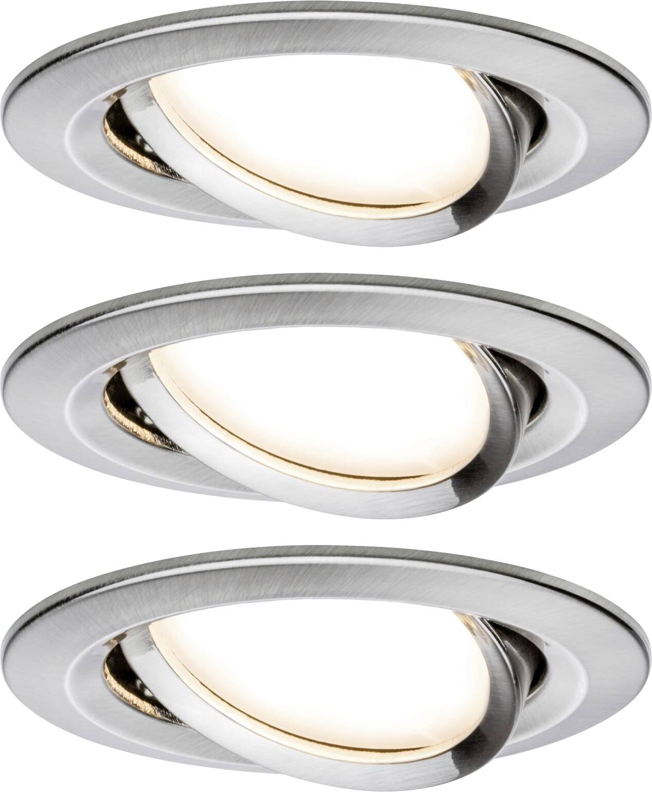 Three LED ceiling spotlights made of brushed metal, mounted on adjustable brackets, provide a warm white light and are arranged in a contemporary configuration.