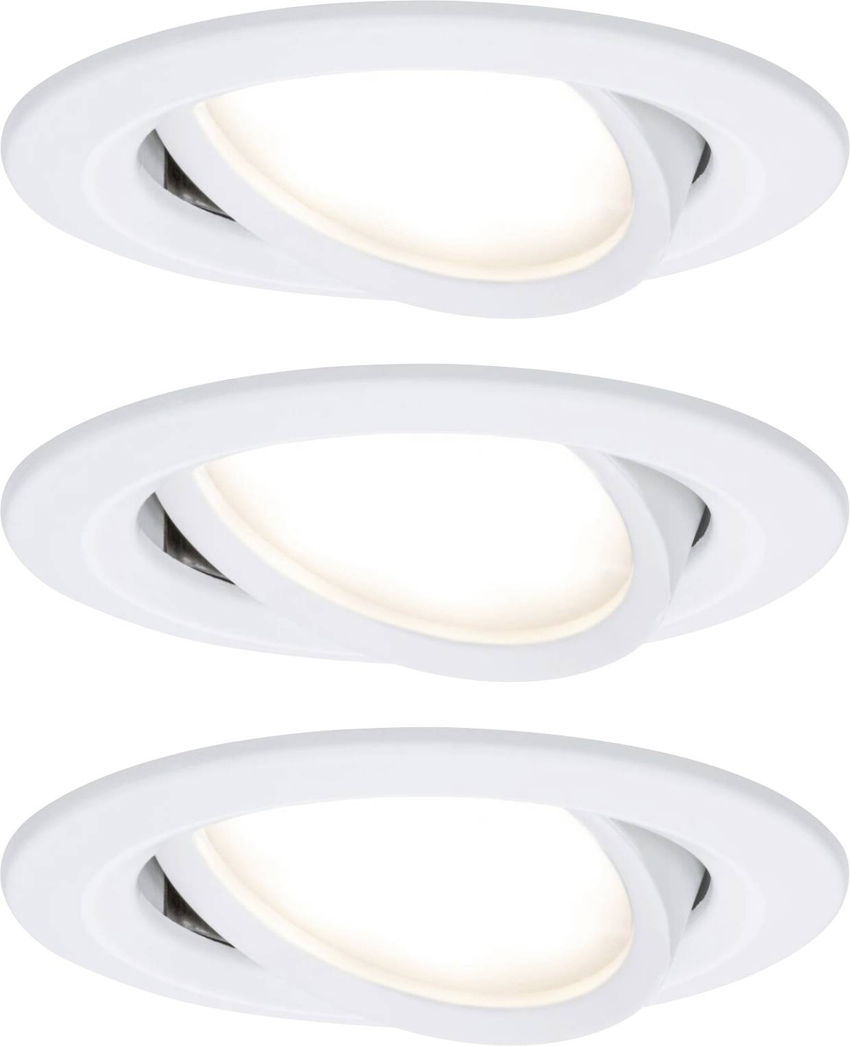 Three white, round recessed LED lights in a row, slightly angled, emitting warm white light. Suitable for interior spaces.