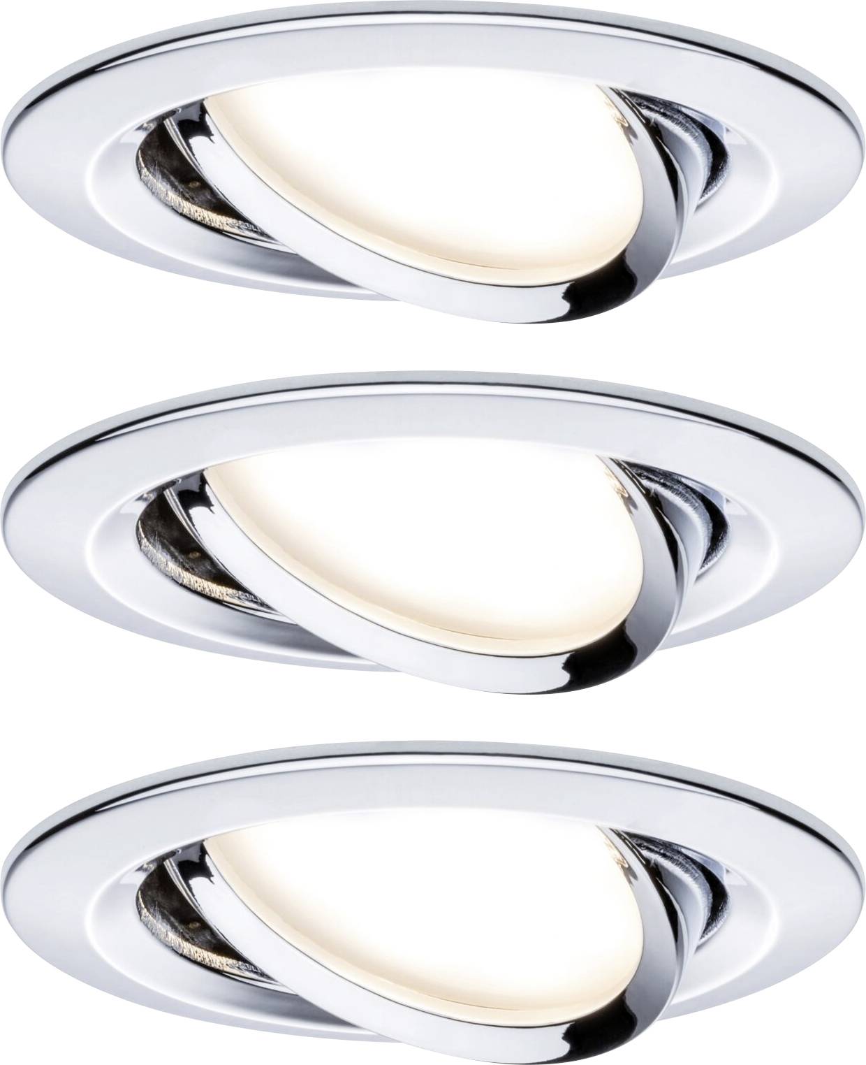 Three round, pivoting recessed chrome spotlights with LED lighting, suitable for modern interior illumination.